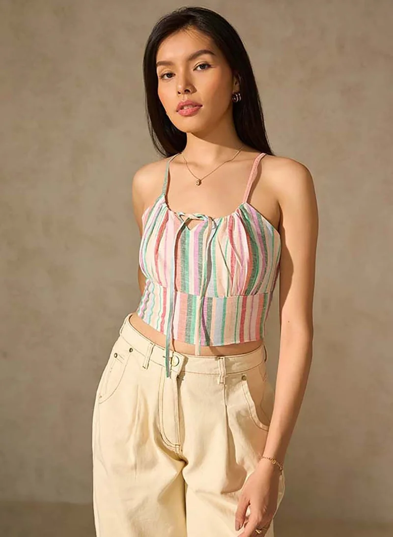 Virgio VIRGIO Linen Stripped Front Tie-Up Crop Top