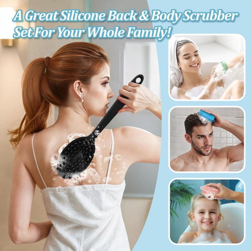 GEENOA Silicone Back & Body Scrubber Set 2PCS, 13.4'' Gentle Exfoliating Back Scrubber with Dual-Side Head and Non-Slip Handle, Hygienic Silicone Loofah with Soft Bristles and Massage Dots(Black-2PC) - Image 5
