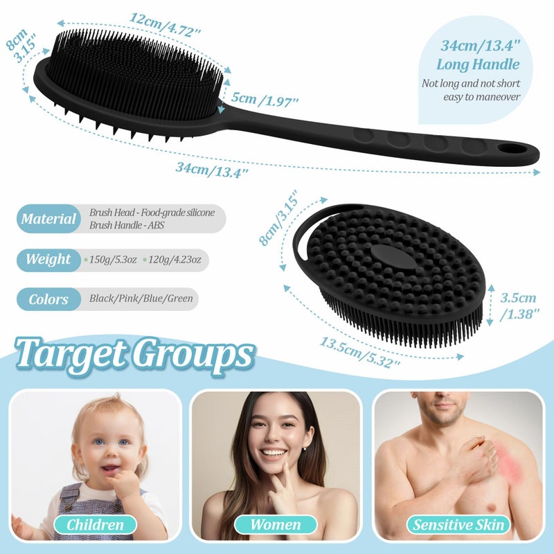 GEENOA Silicone Back & Body Scrubber Set 2PCS, 13.4'' Gentle Exfoliating Back Scrubber with Dual-Side Head and Non-Slip Handle, Hygienic Silicone Loofah with Soft Bristles and Massage Dots(Black-2PC) - Image 2