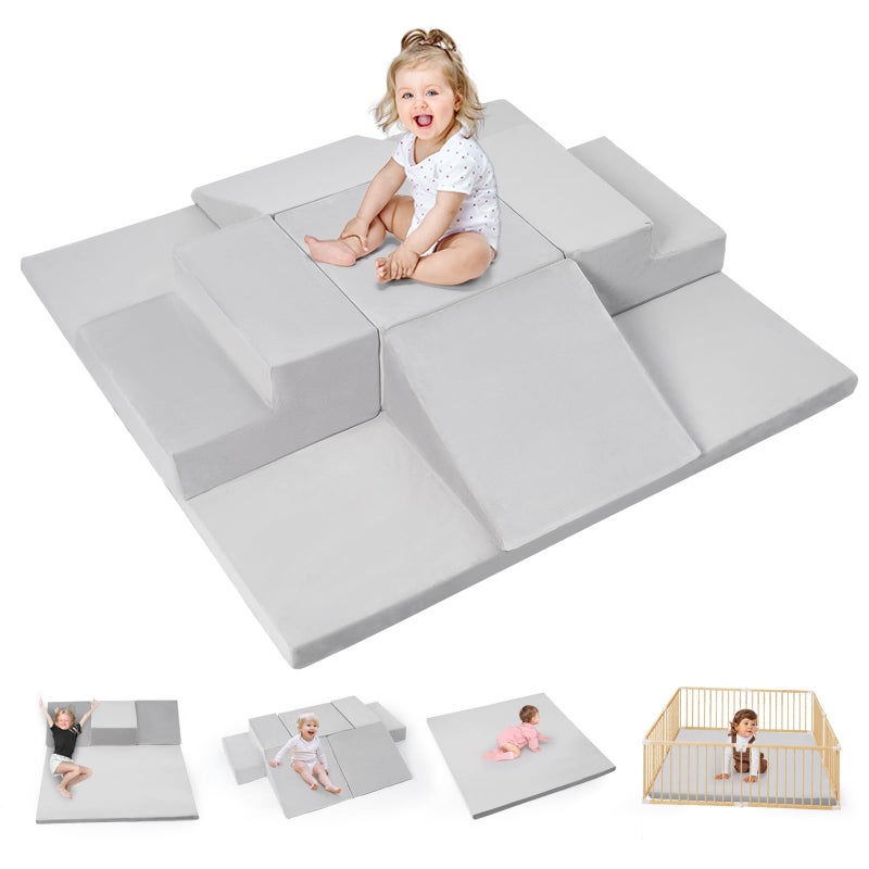 Rinnebbit 6Piece Foam Climbing Blocks for Toddlers Climb and Crawl Soft Foam Play Set with 47x47 Inch Baby Play Mat for Floor Machine Washable Cover Soft Climbing Toys for Toddlers 13 Gray - Image 2