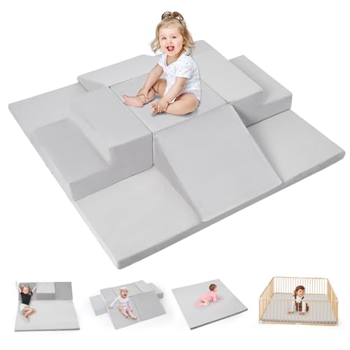 Rinnebbit 6Piece Foam Climbing Blocks for Toddlers Climb and Crawl Soft Foam Play Set with 47x47 Inch Baby Play Mat for Floor Machine Washable Cover Soft Climbing Toys for Toddlers 13 Gray - Image 1