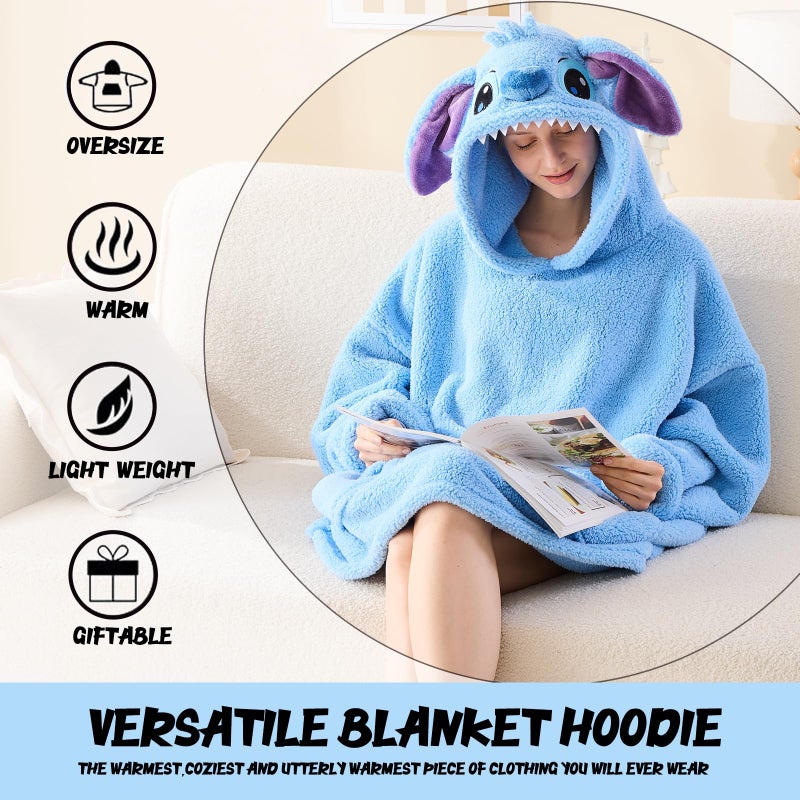NEWCOSPLAY NEWCOSPLAY Wearable Blanket Hoodie Sherpa Hoodie Blanket for Women Men Warm Oversized Sweatshirt with Pockets (Stitch  Adult) - Image 4