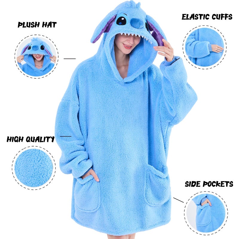 NEWCOSPLAY NEWCOSPLAY Wearable Blanket Hoodie Sherpa Hoodie Blanket for Women Men Warm Oversized Sweatshirt with Pockets (Stitch  Adult) - Image 3