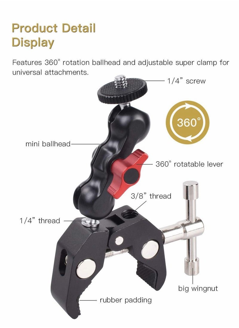 Y&D - Camera Clamp Mount 3/8" thread and 1/4" Screw with 360° Ballhead Magic Arm for DSLR Camera, LED - Image 1