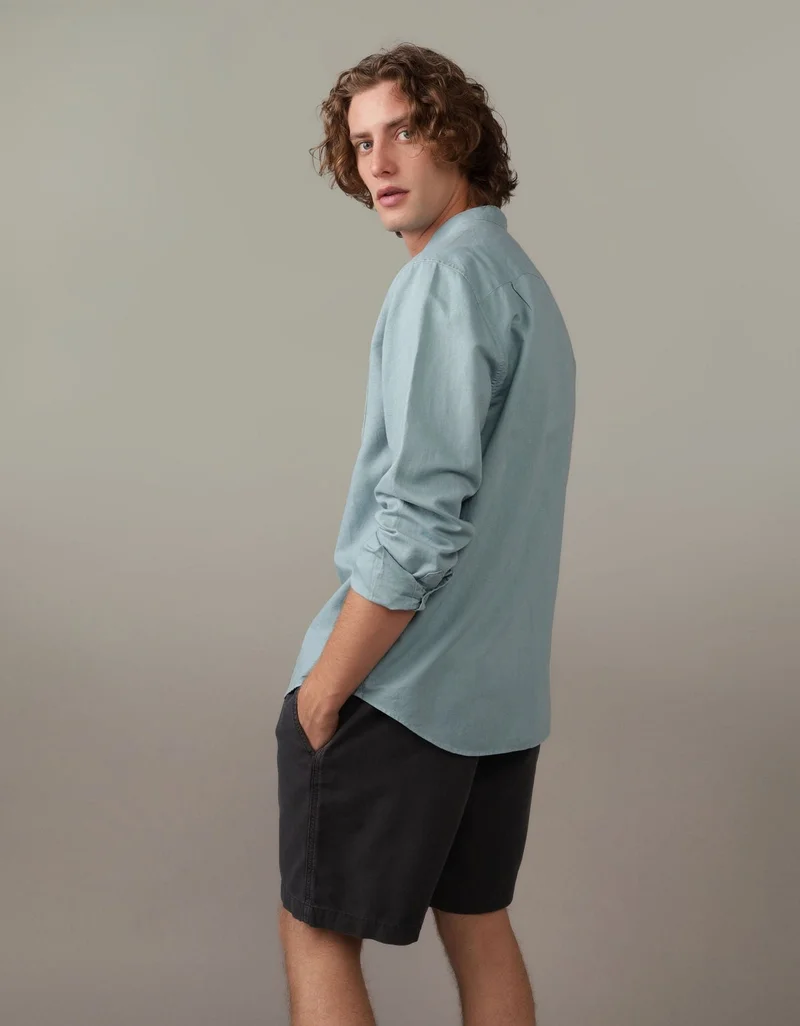 American Eagle AE Band Collar Linen Button-Up Shirt