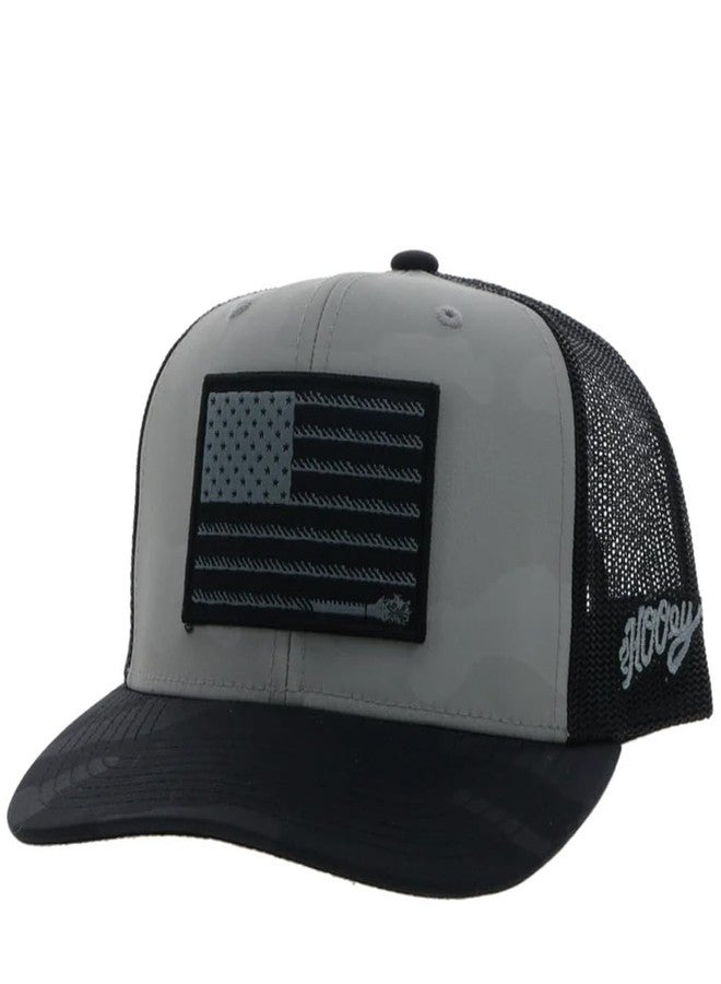 HOOEY Liberty Rope Trucker Hat for Men - Adjustable Snapback, Breathable Mesh Baseball Cap - Western Trucker Hat - One Size - American Flag Logo Design - Grey Camo/Black - Image 1