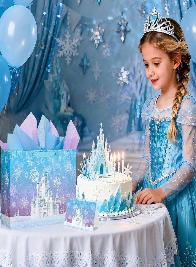 حقيبة هدايا كبيرة من فيلم فروزن من ووريك مع ورق مناديل وبطاقة تهنئة، 14.6 بوصة، حقائب هدايا على شكل قلعة باللونين الأزرق والبنفسجي، حقائب هدايا لحفلات فروزن للبنات والأطفال، عيد الحب، عيد الميلاد، الشتاء - Image 5