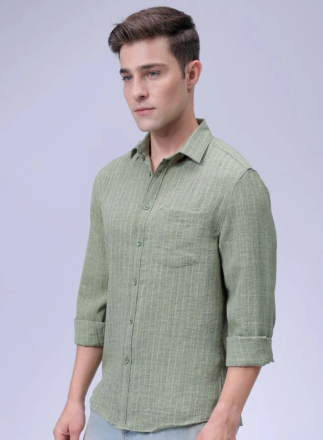 The Indian Garage Co Men Slim Fit Striped Full Sleeves Cutaway Collar Casual Shirt