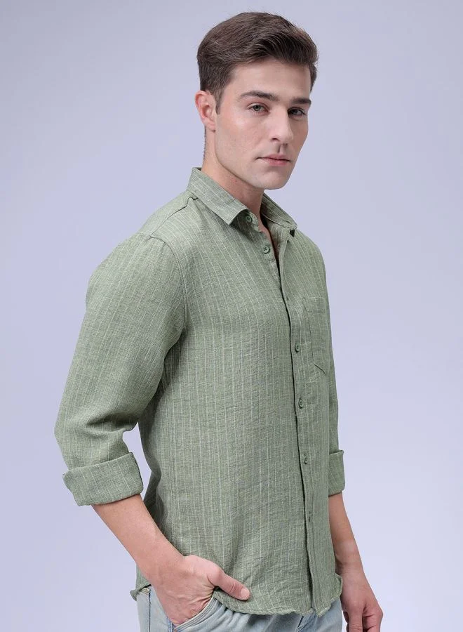 The Indian Garage Co Men Slim Fit Striped Full Sleeves Cutaway Collar Casual Shirt