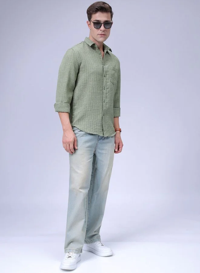 The Indian Garage Co Men Slim Fit Striped Full Sleeves Cutaway Collar Casual Shirt