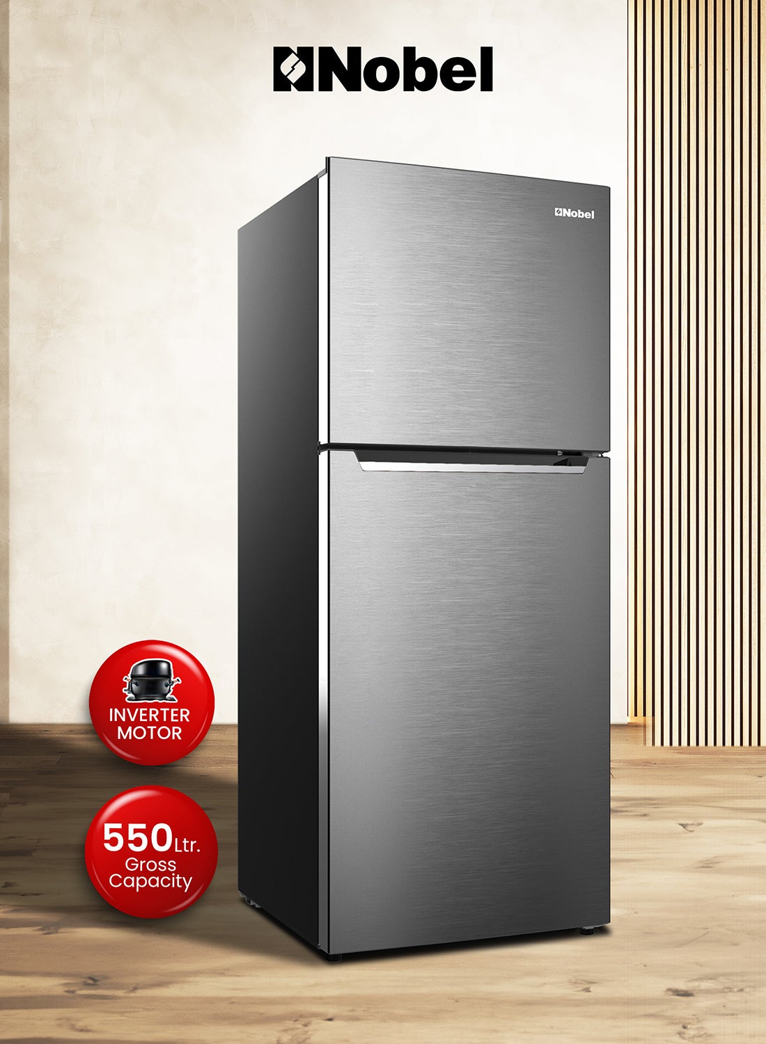Nobel 550L Gross / 466 Net Capacity Double Door Refrigerator, Electronic Control, No Frost, LED Light, Multi-flow Feature, Inverter Motor, Energy-efficient Cooling, Refrigerant (R600a) 466 L NR550NF Silver