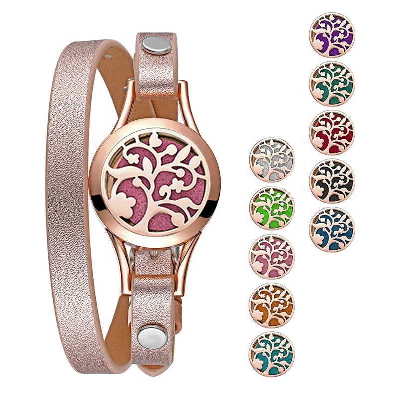 Cupimatch Essential Oil Diffuser Bracelet Wristband, Stainless Steel Aromatherapy Locket Bracelets Adjustable Leather Band with 10 Color Pads Jewelry Gift Set for Girls Women Rosegold - Image 2