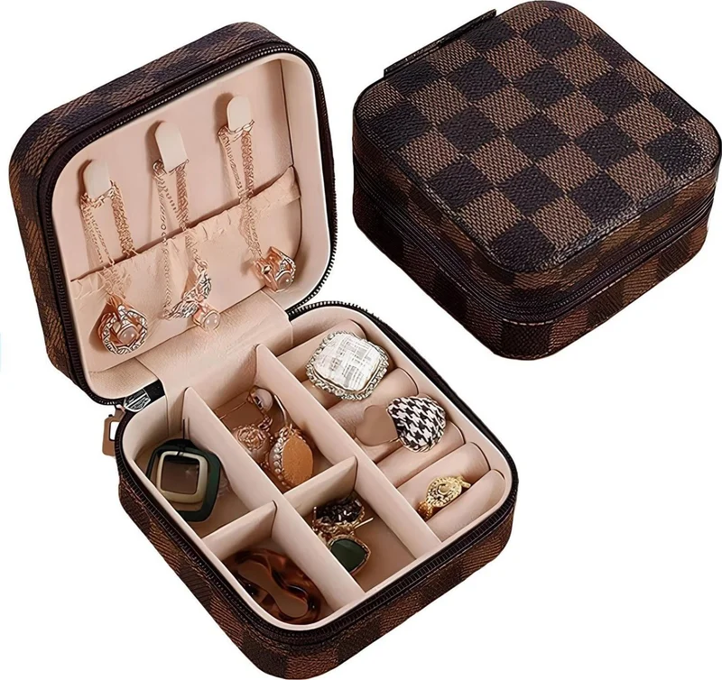 Chavin Brown Checkerboard Pattern Leather Travel Ring Earring Necklace Jewelry Box ST1-66KHV