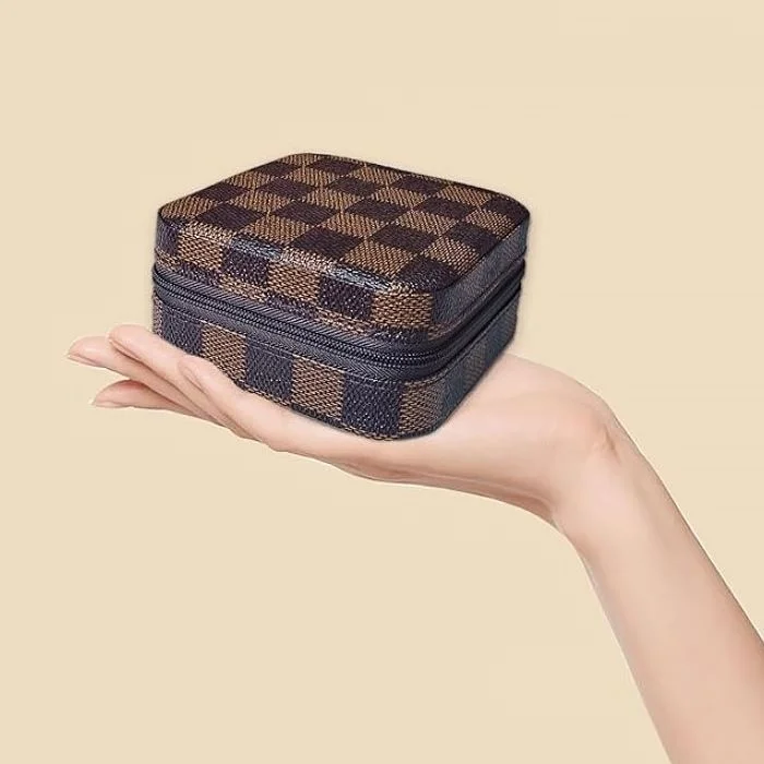 Chavin Brown Checkerboard Pattern Leather Travel Ring Earring Necklace Jewelry Box ST1-66KHV