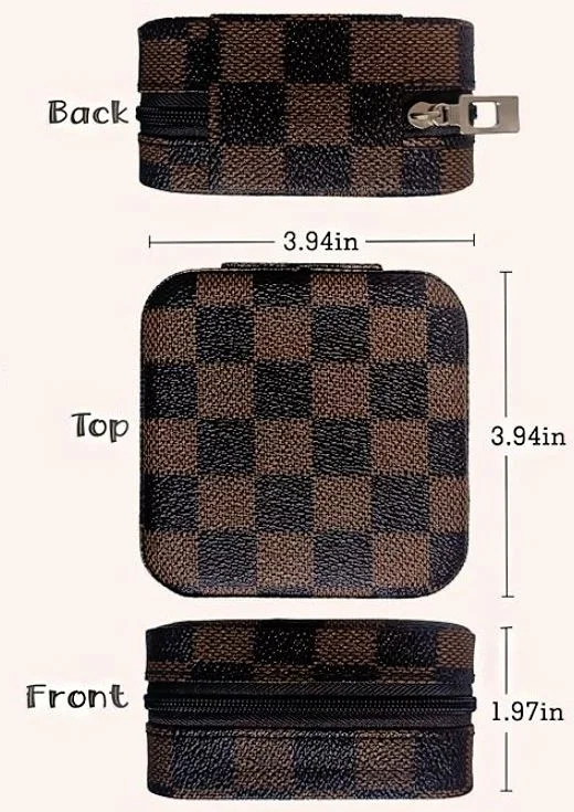 Chavin Brown Checkerboard Pattern Leather Travel Ring Earring Necklace Jewelry Box ST1-66KHV