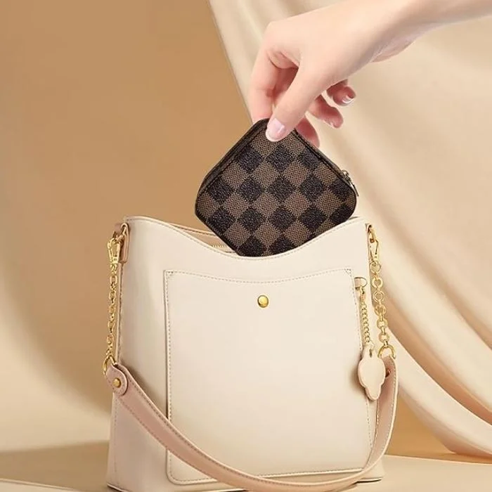 Chavin Brown Checkerboard Pattern Leather Travel Ring Earring Necklace Jewelry Box ST1-66KHV
