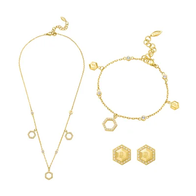 POLICE Fluorescent Gold Plated Necklace, Earrings, Bangle Set Box for Women's