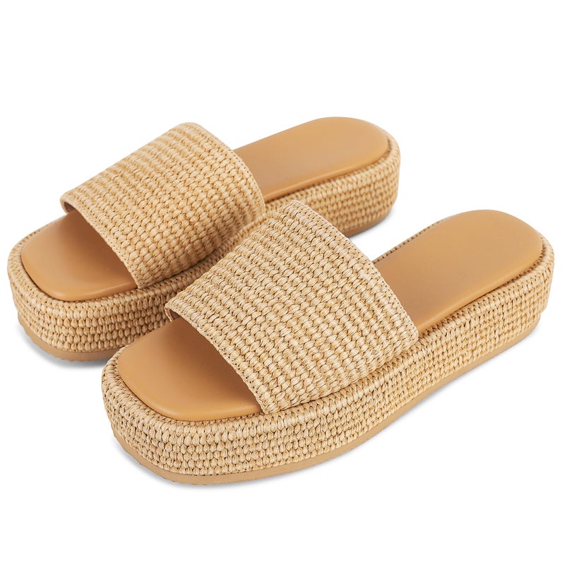 EQAUDES Raffia Platform Espadrille Wedge Sandals for Women Beach Brown Straw Comfortable Sandal Vacation for Women Size 9 - Image 1