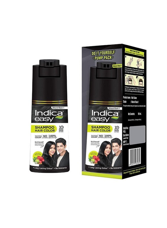 Indica Easy Do-It-Yourself Hair Color Shampoo Pump Pack With 5 Herbal Extracts And 100% Ammonia Free, Long Lasting Formula, 180 Ml - Natural Black Colour (Gloves Included) - Image 1