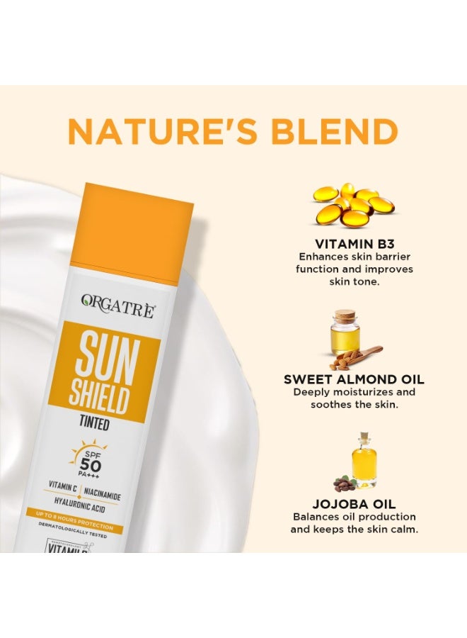 Orgatre Vitamin C Bright Face Sunscreen SPF 50 PA++++ Tinted for Oily & Dry Skin | Lightweight, No White Cast | With Niacinamide & Hyaluronic Acid | UVA/UVB Defense | Water Resistant, Non-Greasy | 100gm - Image 4