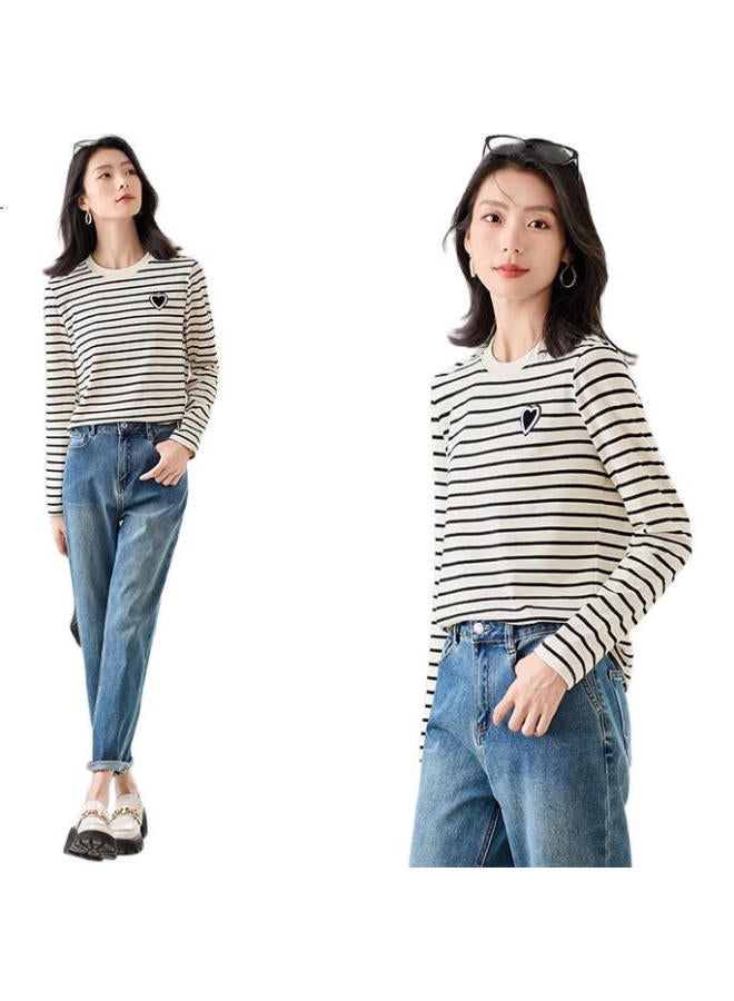 First Application Chushen Spring And Autumn Long Sleeve T-Shirt Women'S Pure Cotton Love Heart Logo Fashion Casual Striped Round Neck Long Sleeve Base Top S143T2005 - Image 3