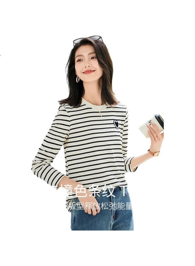 First Application Chushen Spring And Autumn Long Sleeve T-Shirt Women'S Pure Cotton Love Heart Logo Fashion Casual Striped Round Neck Long Sleeve Base Top S143T2005 - Image 2