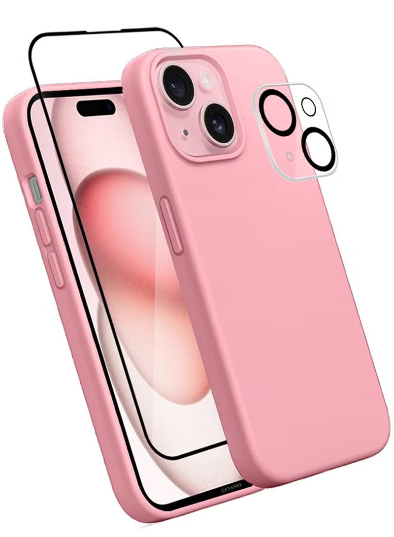 CATANES 3 Packs For iPhone 15 Plus Case Screen Protector and Camera Lens Protector Upgrade Defender Silicone Cover Shockproof Anti-Scratch Protective Phone Case Pink
