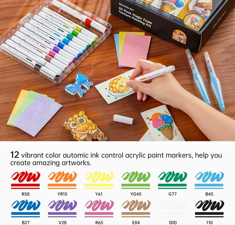 Shuttle Art 44 Pcs Magic Form Texture Painting Kit, Including 28 Pcs Foam Texture Paper, 12 Colors Brush Tip Acrylic Paint Markers, Magical 3D Effect Texture Painting Kit - Image 4