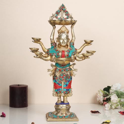 ARTVARKO Lady Diya Eight Oil Lamp Deepak Brass Idol Welcome Lady Deepluxmi Diwali Pooja Light Mandir Home Decor Diyas 15 Inches - Image 1