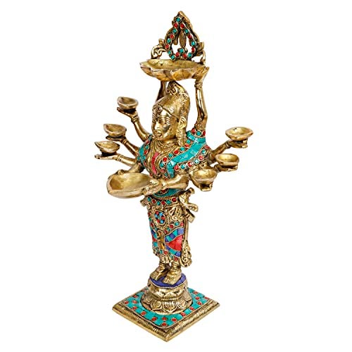 ARTVARKO Lady Diya Eight Oil Lamp Deepak Brass Idol Welcome Lady Deepluxmi Diwali Pooja Light Mandir Home Decor Diyas 15 Inches - Image 3