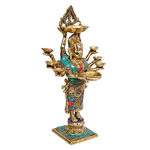 ARTVARKO Lady Diya Eight Oil Lamp Deepak Brass Idol Welcome Lady Deepluxmi Diwali Pooja Light Mandir Home Decor Diyas 15 Inches - Image 2