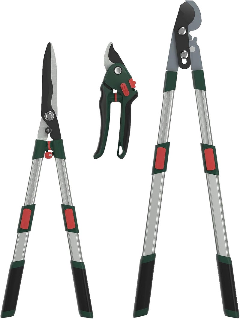 GARTOL 3-Piece Garden Tool Set - Bypass Lopper, Hedge Shears, Pruning Shears with Telescopic Aluminum Handles, Extendable Heavy-Duty Branch Cutters, Garden Clippers for Branches, Shrubs, and Hedges - Image 1