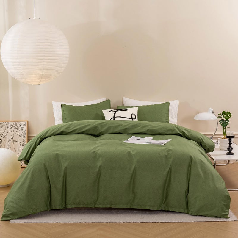 ECOCOTT ECOCOTT Olive Green Duvet Cover Queen Size - 100% Washed Cotton Durable Soft Comfy Duvet Cover Set  3 Pieces Duvet Cover with Zipper Closure (Green  90''x90'')  - Image 1