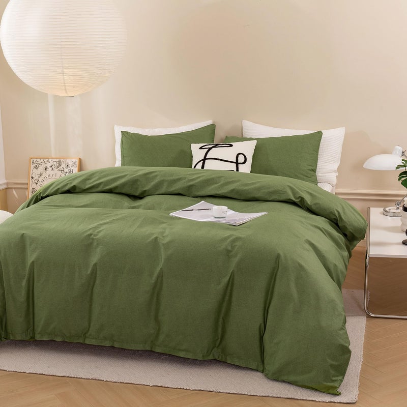 ECOCOTT ECOCOTT Olive Green Duvet Cover Queen Size - 100% Washed Cotton Durable Soft Comfy Duvet Cover Set  3 Pieces Duvet Cover with Zipper Closure (Green  90''x90'')  - Image 2