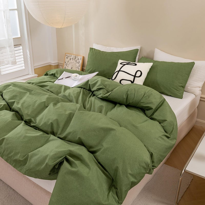 ECOCOTT ECOCOTT Olive Green Duvet Cover Queen Size - 100% Washed Cotton Durable Soft Comfy Duvet Cover Set  3 Pieces Duvet Cover with Zipper Closure (Green  90''x90'')  - Image 4