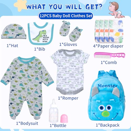 PEDOLLTREE 12 Pcs Set Reborn Baby Dolls Clothes Outfit Accessories Blue Dinosaur Set for 1722 Inch Reborn Doll Newborn Boy with Monster Backpack Diaper - Image 5