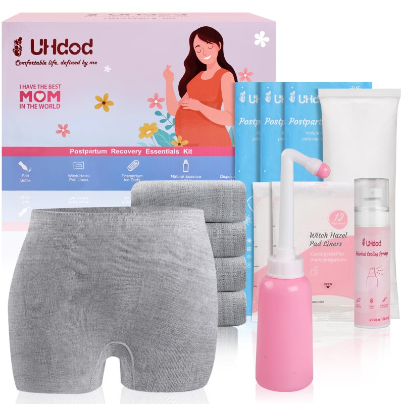 UHdod Postpartum Essentials Recovery Kit for Labor Delivery, Postpartum kit Gift Set for New Mom Includes Disposable Postpartum Underwear, Instant Ice Pads, Cooling Spray, Soothing Liners, Peri Bottle - Image 1
