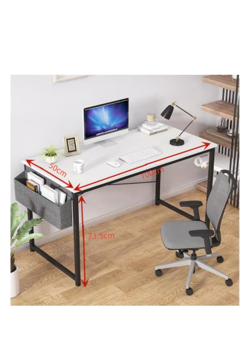 CityRiya-Long Modern Computer Desk Sturdy Office Desk Simple Writing Desk Study Table with Storage Bag and Hook for Home Office Bedroom Living Room PC Laptop Notebook Table (100 * 50cm, White) - Image 2