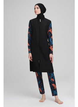 Nehar Colorful Leaf Patterned Black Vest 3 Piece Hijab Swimsuit Set 2229  - Image 1