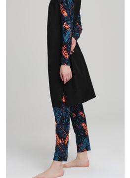 Nehar Colorful Leaf Patterned Black Vest 3 Piece Hijab Swimsuit Set 2229  - Image 4