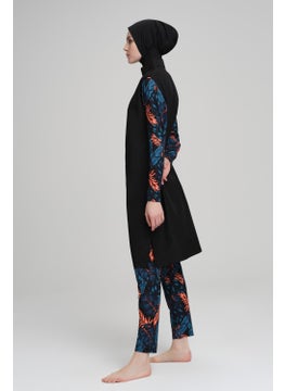 Nehar Colorful Leaf Patterned Black Vest 3 Piece Hijab Swimsuit Set 2229  - Image 3