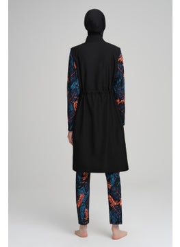 Nehar Colorful Leaf Patterned Black Vest 3 Piece Hijab Swimsuit Set 2229  - Image 2