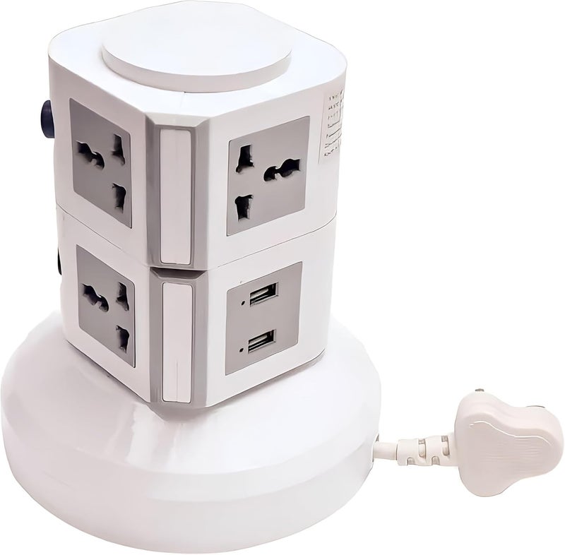برج شريط الطاقة العمودي U.E مع 8 مخارج عالمية و2 منفذ USB، كابل 2.5م، أبيض - Image 1