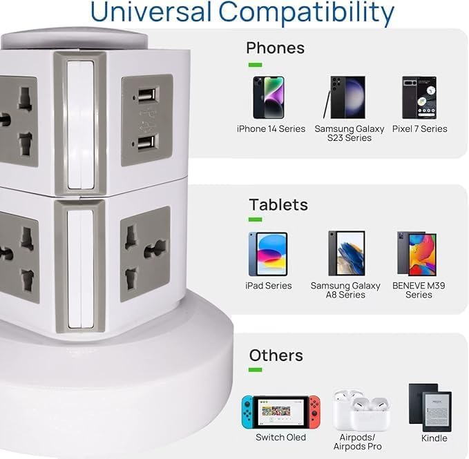 برج شريط الطاقة العمودي U.E مع 8 مخارج عالمية و2 منفذ USB، كابل 2.5م، أبيض - Image 5