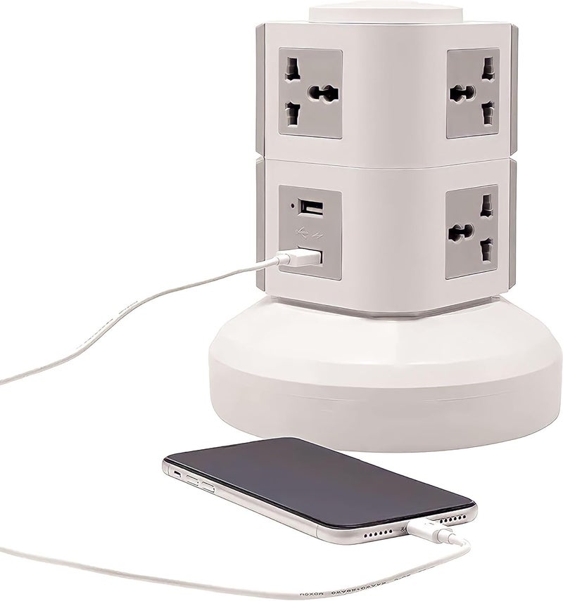 برج شريط الطاقة العمودي U.E مع 8 مخارج عالمية و2 منفذ USB، كابل 2.5م، أبيض - Image 3