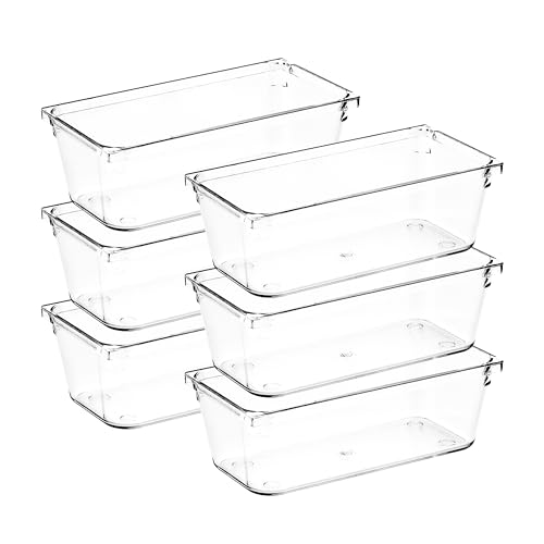 Ravinte Decor 6 Pack Drawer Organizer 3 X 6 Clear Acrylic Storage Bins with NonSlip Pads Versatile Desk Tray for Makeup Jewelry Kitchen Bathroom and Office Organization - Image 1