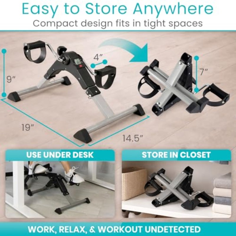 Desk cycle foot pedal exerciser for home office rehab: foldable portable design, steel frame, black finish, quiet magnetic resistance with adjustable tension - Image 4