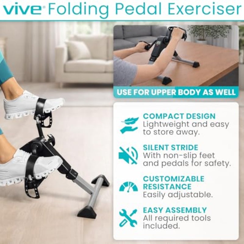 Desk cycle foot pedal exerciser for home office rehab: foldable portable design, steel frame, black finish, quiet magnetic resistance with adjustable tension - Image 2