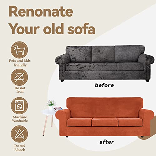 WEERRW 4 Pieces Velvet High Stretch Couch Covers for 3 Cushion Couch Sofa Slipcovers, Washable Furniture Protector with Non Slip Elastic Bottom, Feature Soft and Thick Plush Fabric, Pumpkin, Large - Image 5