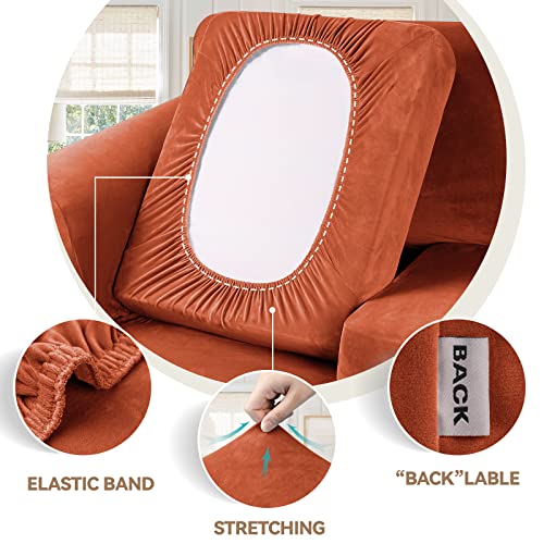 WEERRW 4 Pieces Velvet High Stretch Couch Covers for 3 Cushion Couch Sofa Slipcovers, Washable Furniture Protector with Non Slip Elastic Bottom, Feature Soft and Thick Plush Fabric, Pumpkin, Large - Image 3